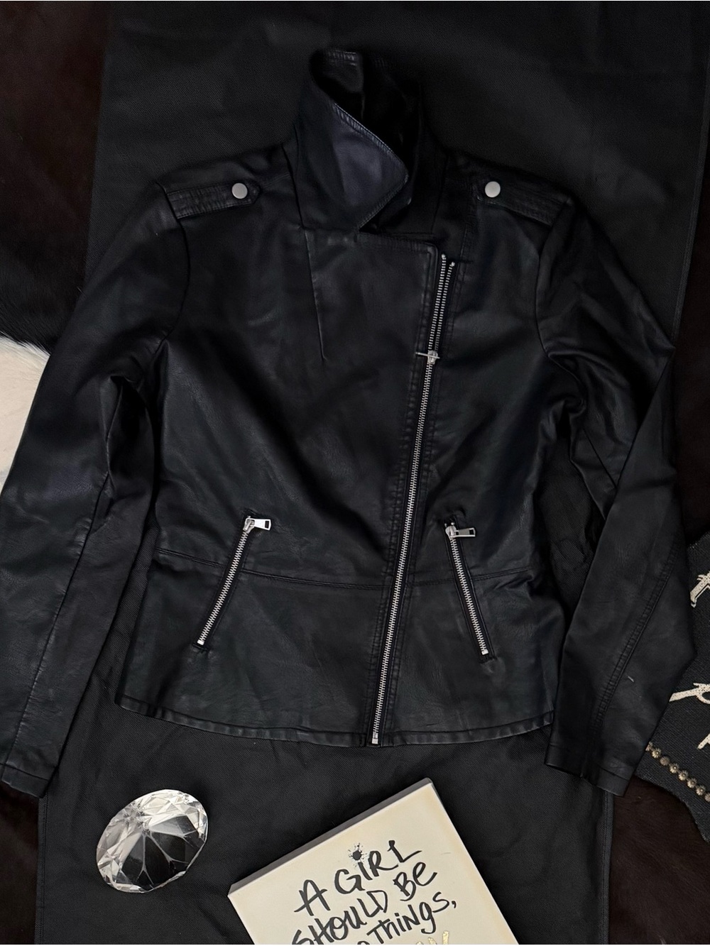 Baccini Black Faux Leather Moto Jacket with Silver Zippers